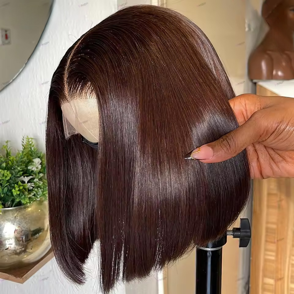 Glueless Wear And Go Human Hair Wig - 13X4 schokoladenbraune gerade Bob-Perücke, 4X4 seidig