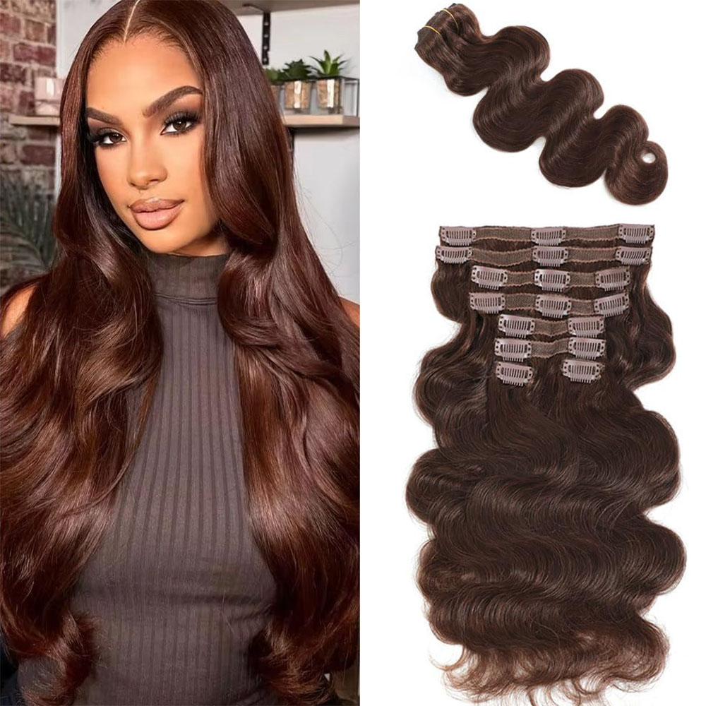 Seamless Clip In Hair Extensions Human Hair - # 4 schokoladenbraune Körperwellen-Clip-in-Echthaarverlängerungen, 100 %
