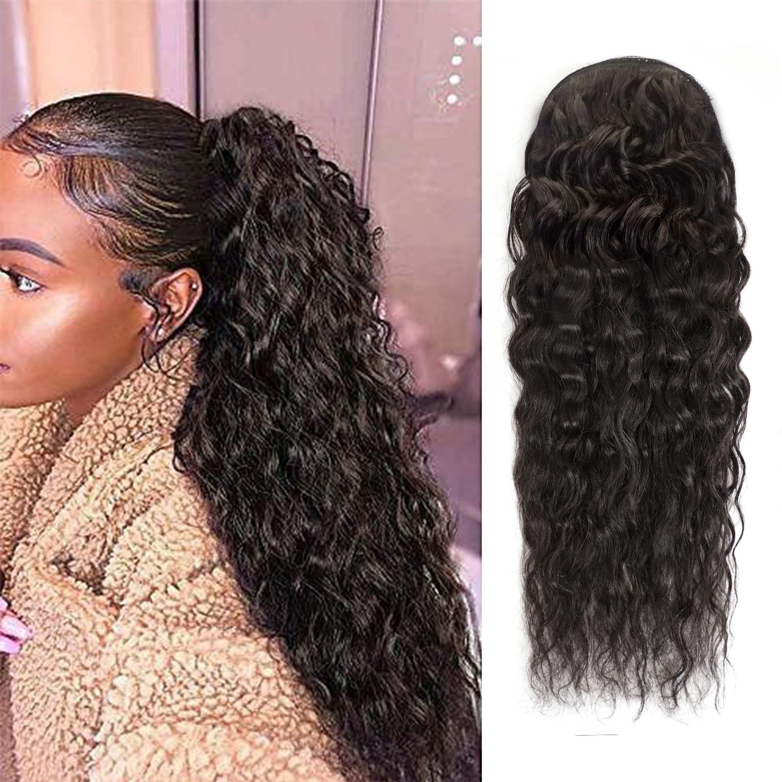Seamless Clip In Hair Extensions Human Hair - Wasserwellen-Pferdeschwanz Echthaar-Extensions zum Umwickeln, Pferdeschwanz mit