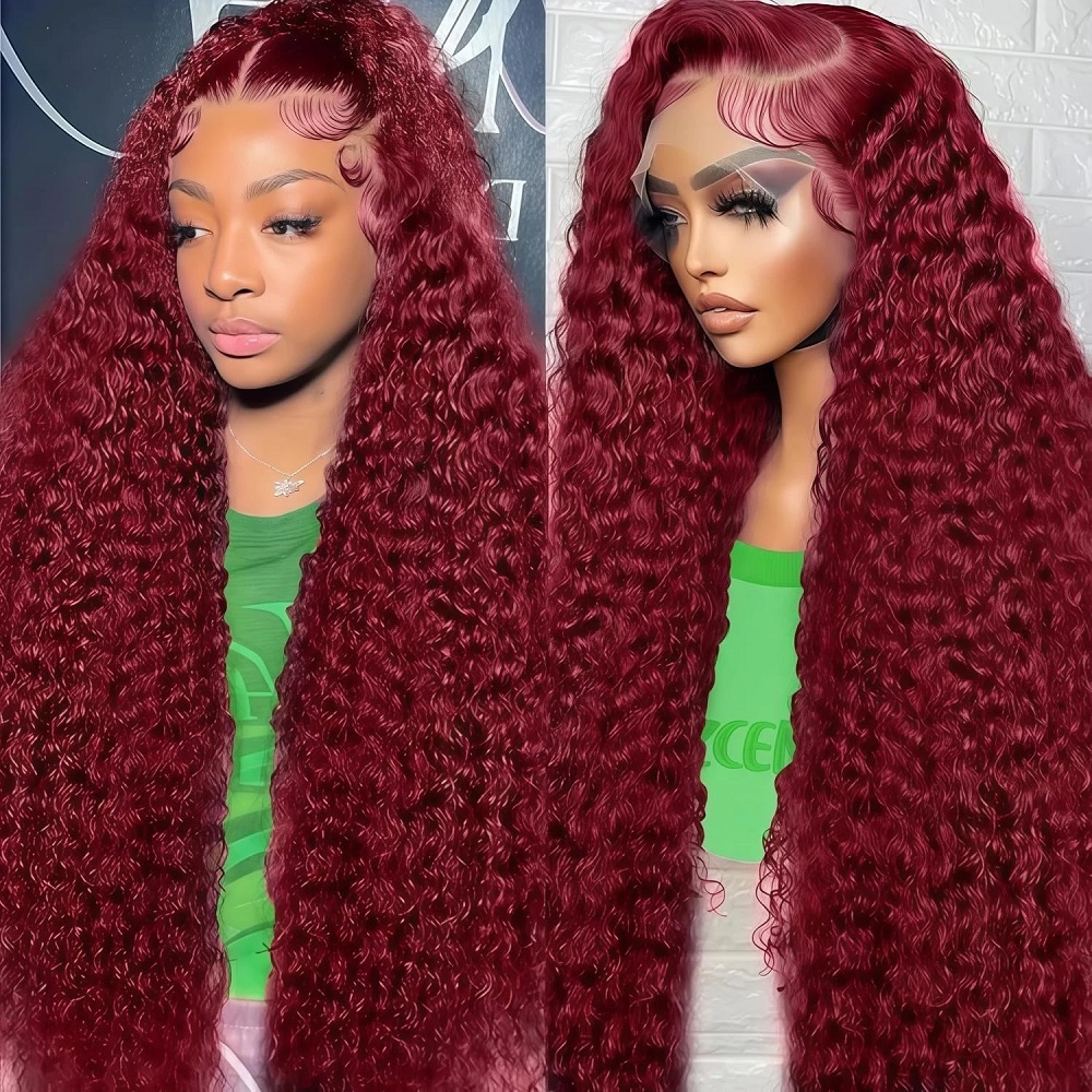 Lace Front Wigs - 99J Burgunderrote Tiefwellen-Perücke mit 200er Dichte,
