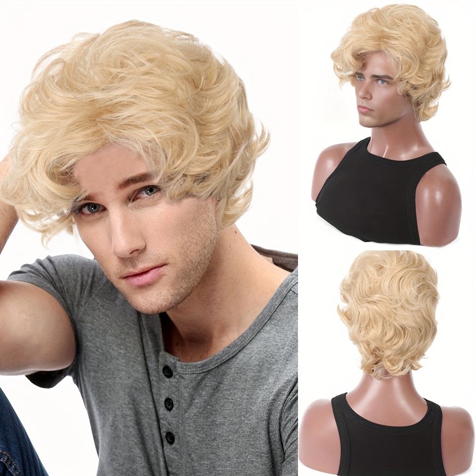 Synthetic Wigs - Herren-Perücke, blond, kurz, gewellt, flauschig, synthetische