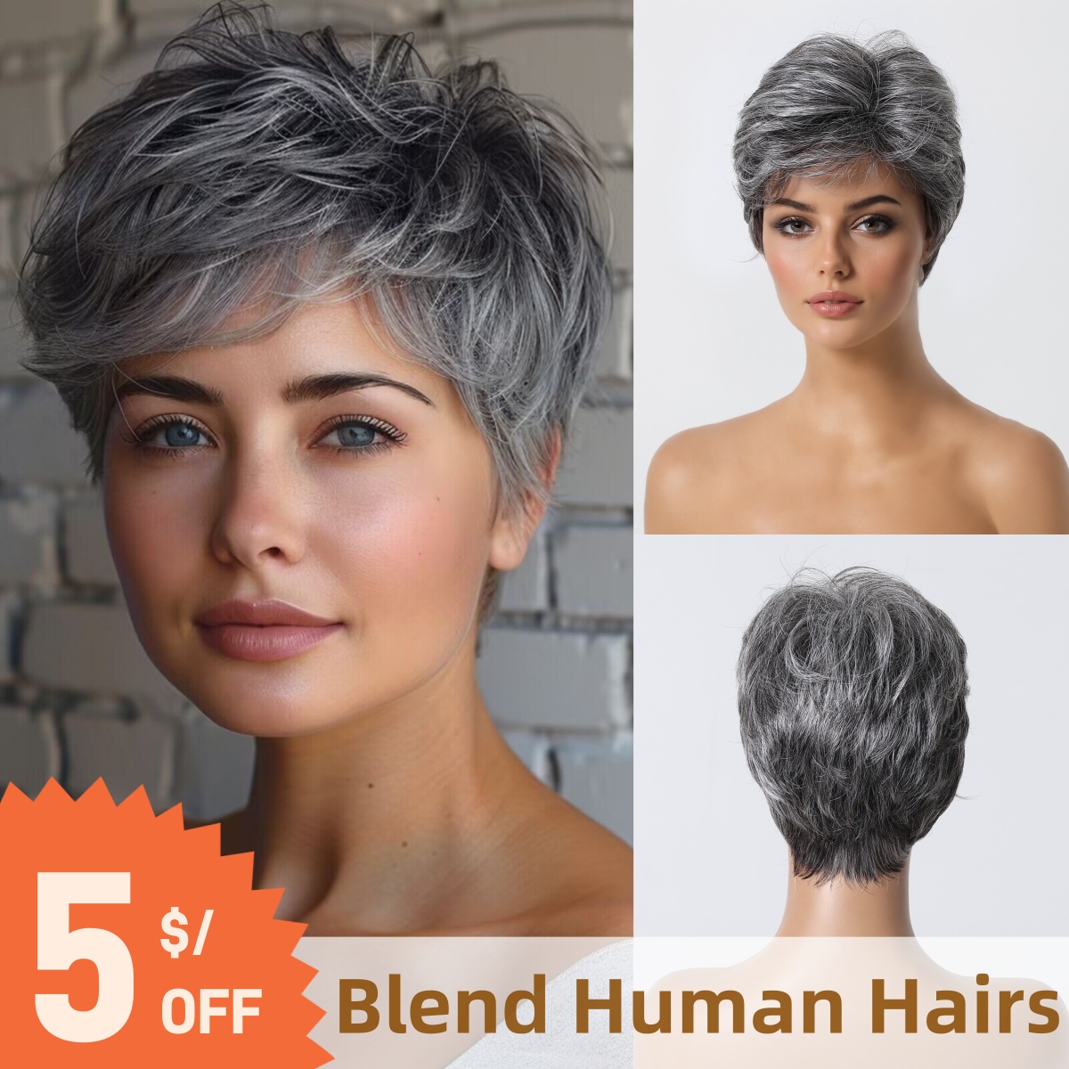 Short Pixie Cut Wig Human Hair Cheap - Kurze graue Echthaar-Perücke im Pixie-Schnitt, 20,3
