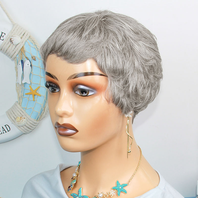 Short Pixie Cut Wig Human Hair Cheap - Kurze, glatte Echthaarperücken, grau gefärbt, brasilianisches