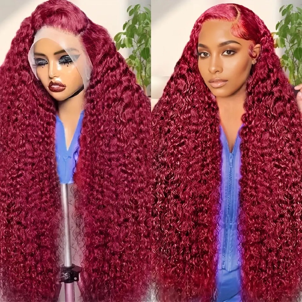 Lace Front Wigs - 200 Density Burgunderrote Deep Wave Echthaarperücke